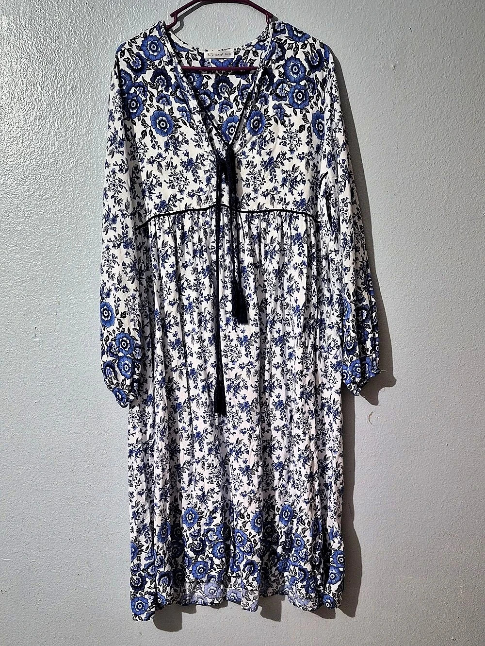R.Vivimos Women's Long Sleeve Floral Print Retro V Neck Tassel Bohemian Midi